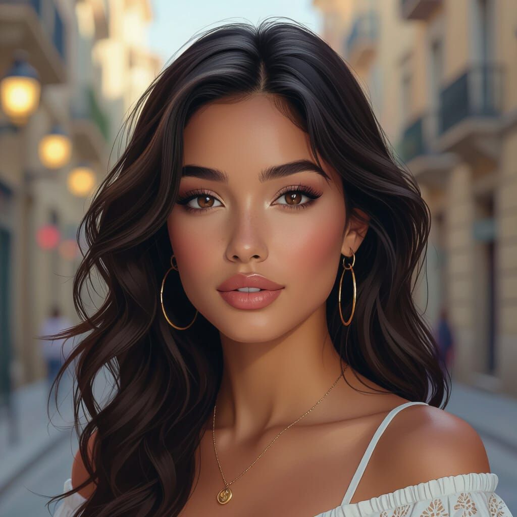 Latina Woman Portrait in Barcelona, Hyperdetailed Art