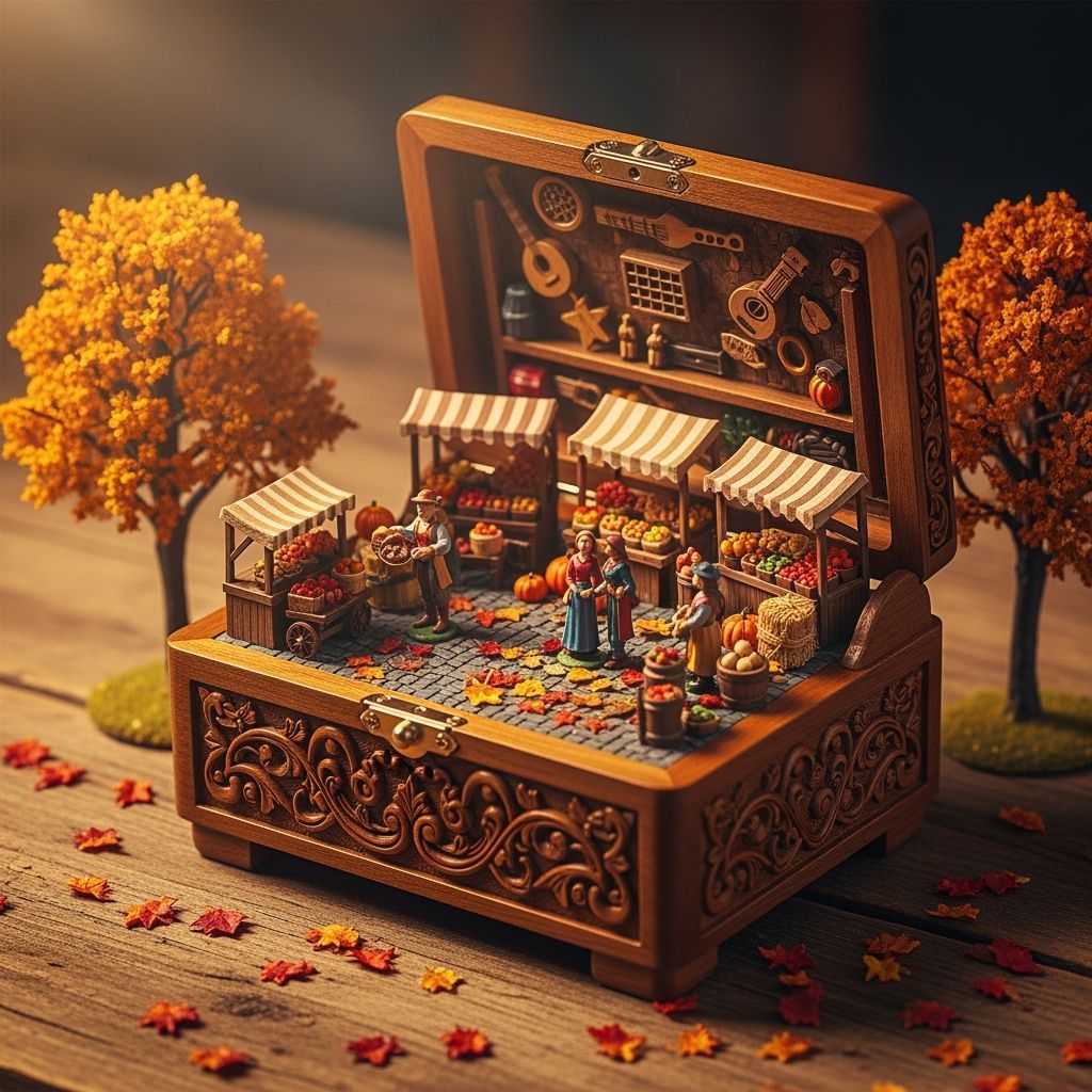 Wooden Music Box Reveals Miniature Medieval Market Scene
