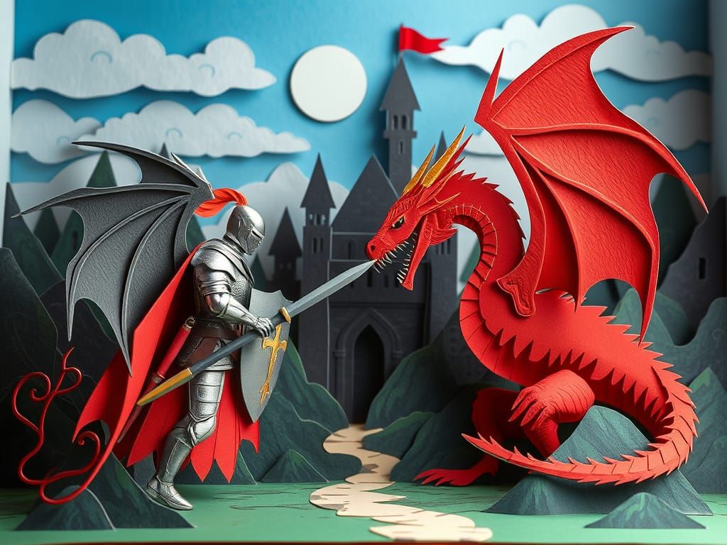 Paper Knight and Dragon Battle Before Castle