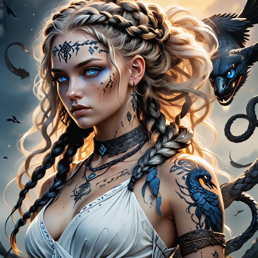 Mystic Nymph with Raven in Dark Fantasy Style