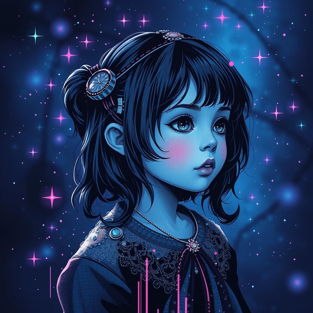 Little Girl in IndigoCore Glitch Art Style