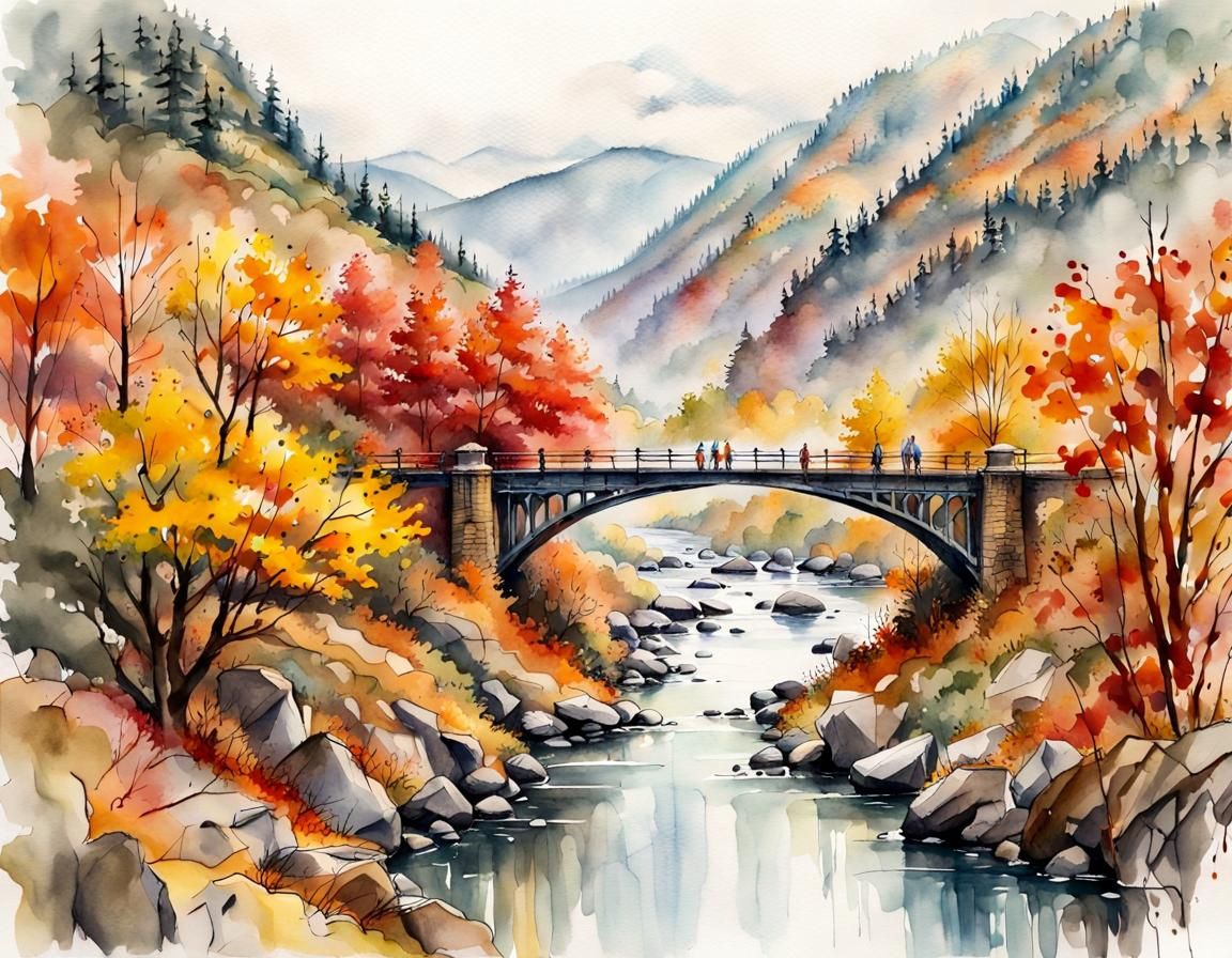 Autumn River Valley in Watercolor Painting