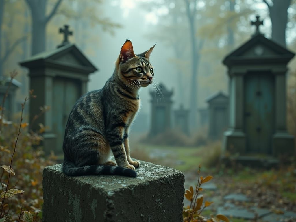 Mystical Cat in Cemetery, Digital Art Style