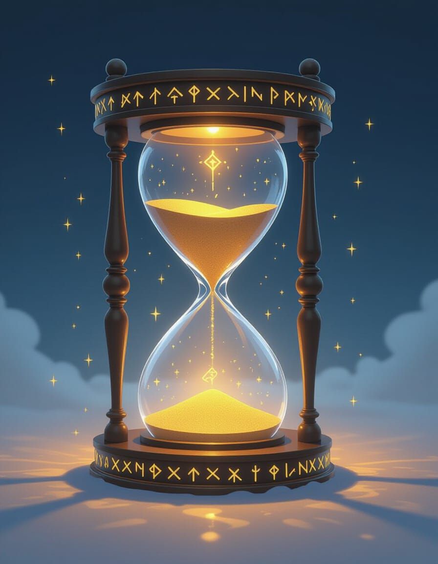 Sacred Hourglass with Glowing Runes in Ethereal Mist