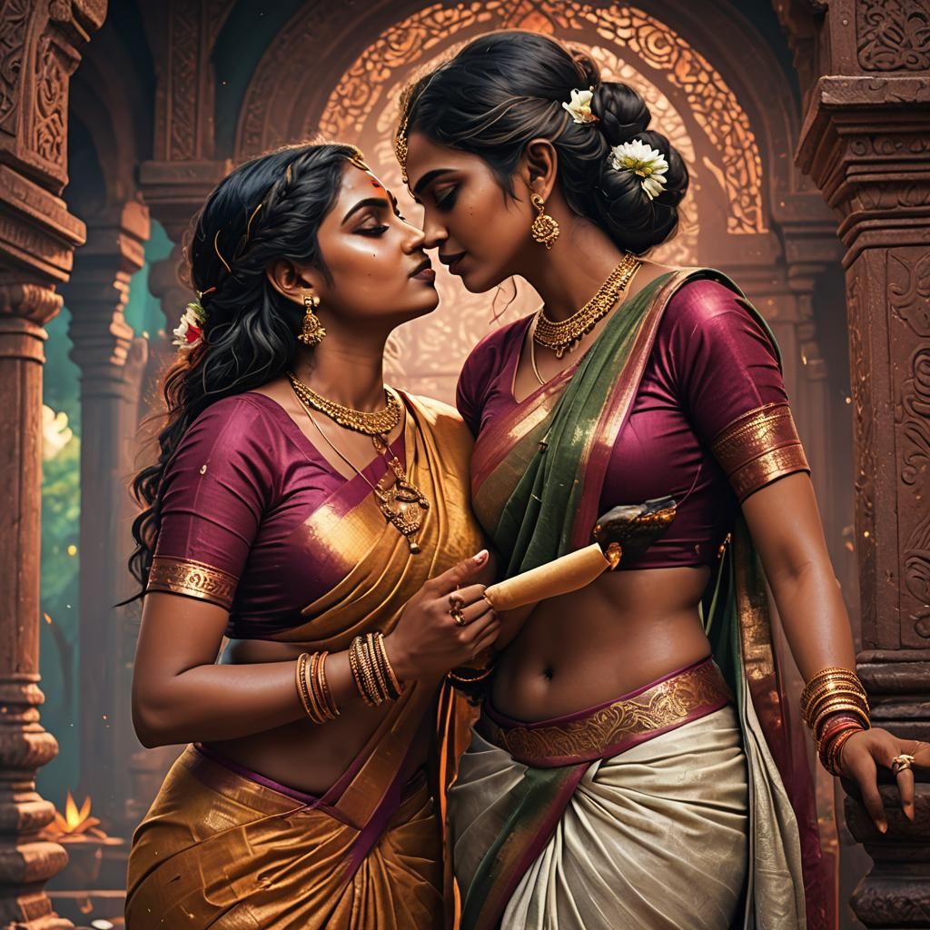 Two Women Kissing in a Saree: Detailed Digital Painting