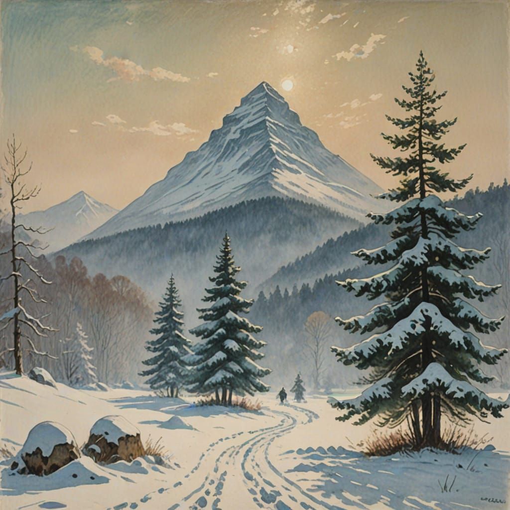 Snow-Covered Pyramids Amidst Frosty Forests