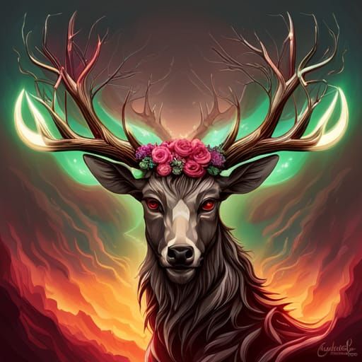 Deer with Flower Wreath in Dramatic Lighting