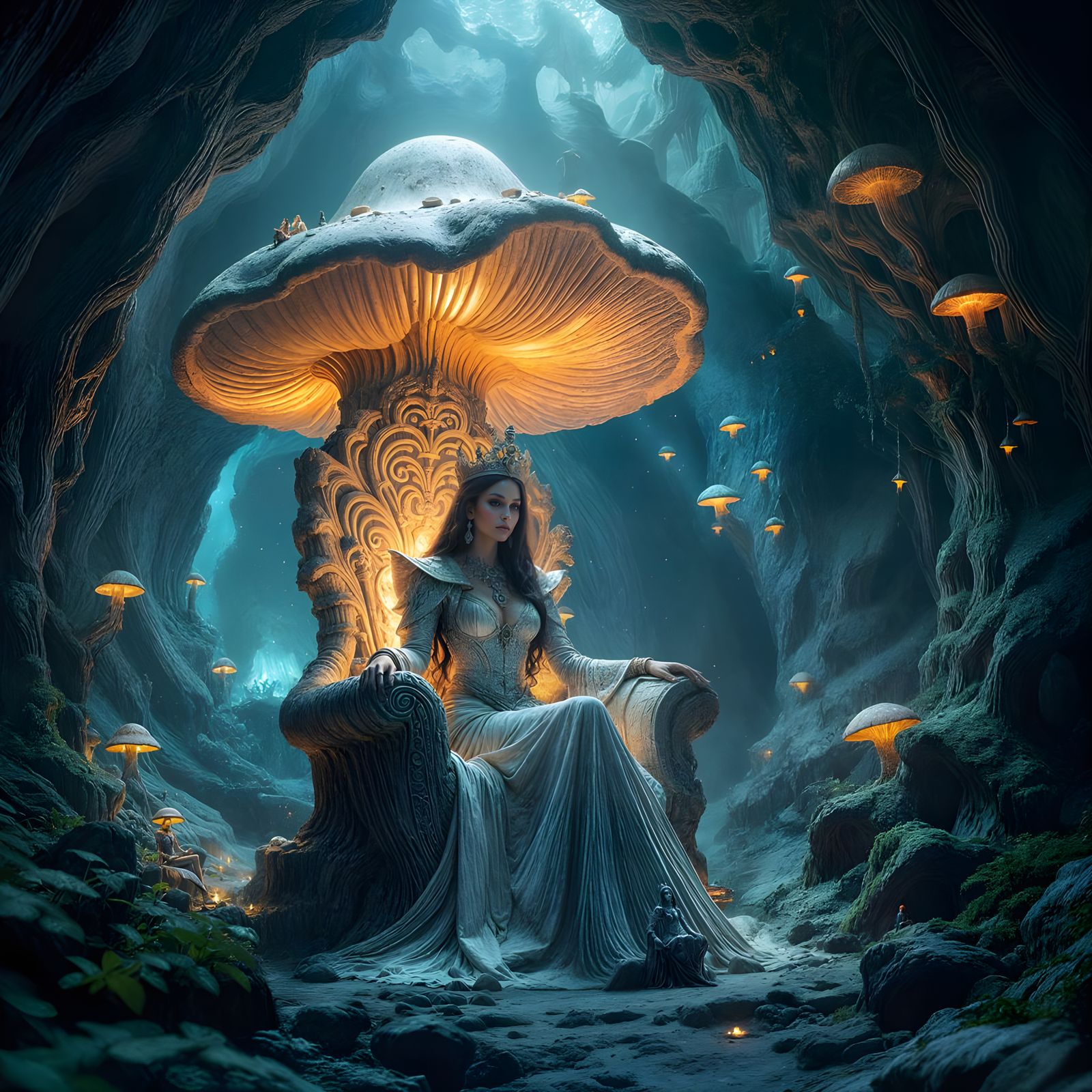 Queen on Mushroom Throne in Eerie Fungal Cavern