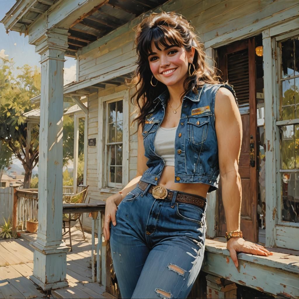 Linda Ronstadt Portrait on a Creole Porch as Oil Painting