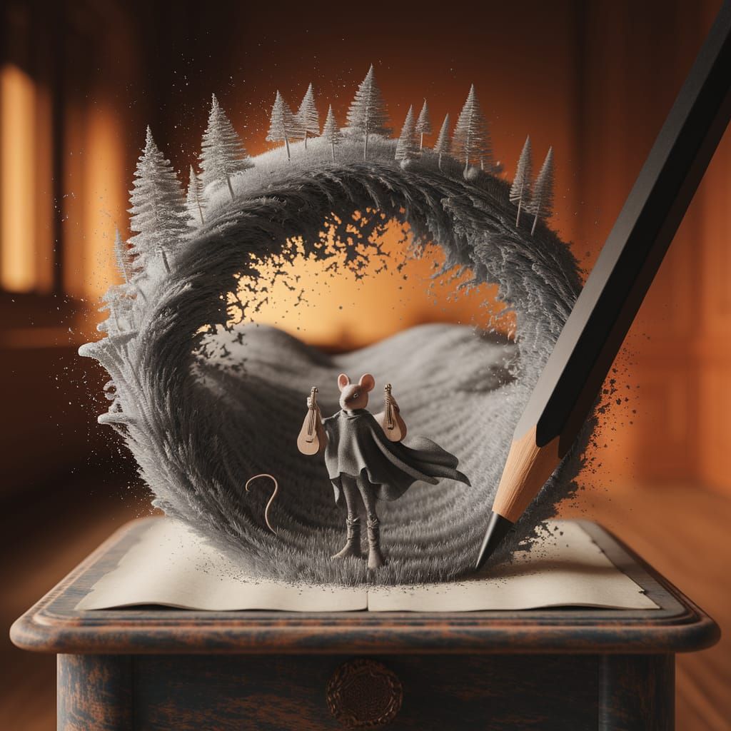 Graphite Pencil Creates Miniature World on Wooden Table