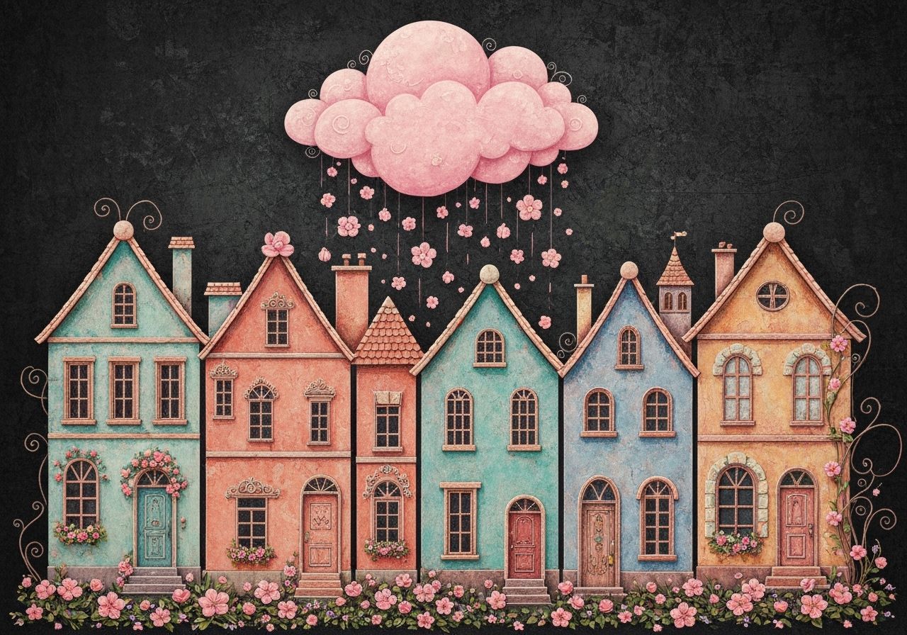 Whimsical Digital Art of Houses Raining Flowers