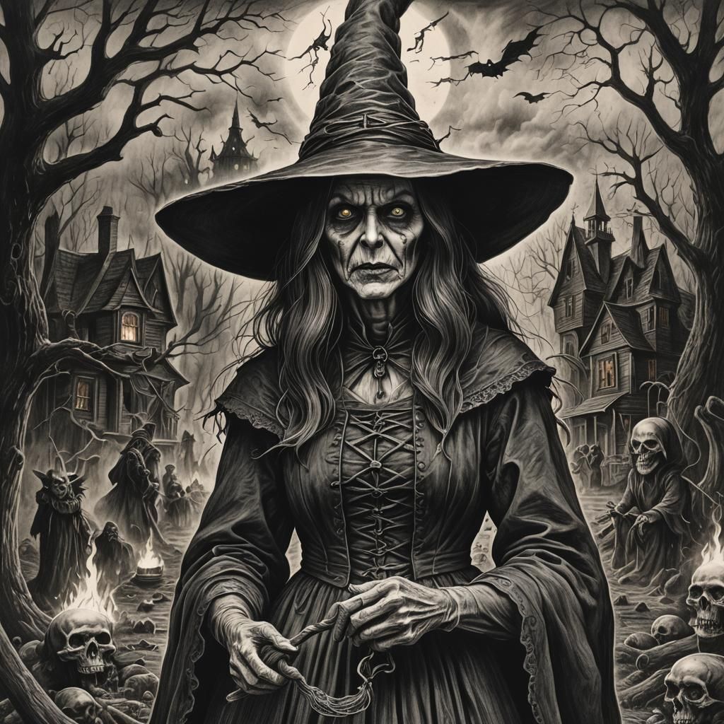 Eerie Salem Witch Horror Charcoal Drawing