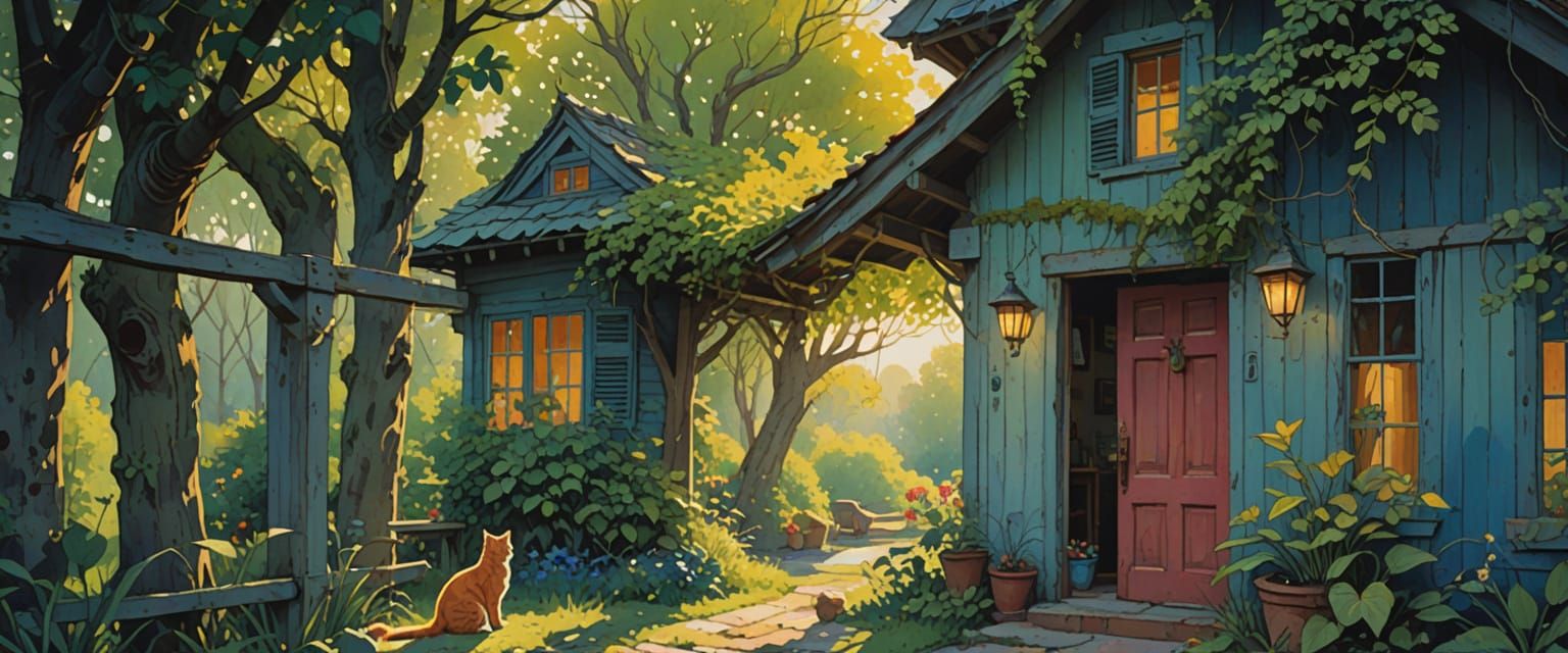 Quaint Folk Art Abandoned House with Cats, Wide Open Spaces