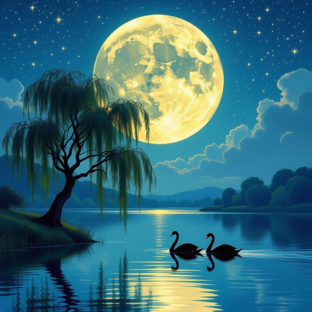 Weeping Willow by Moonlit Lake with Black Swans