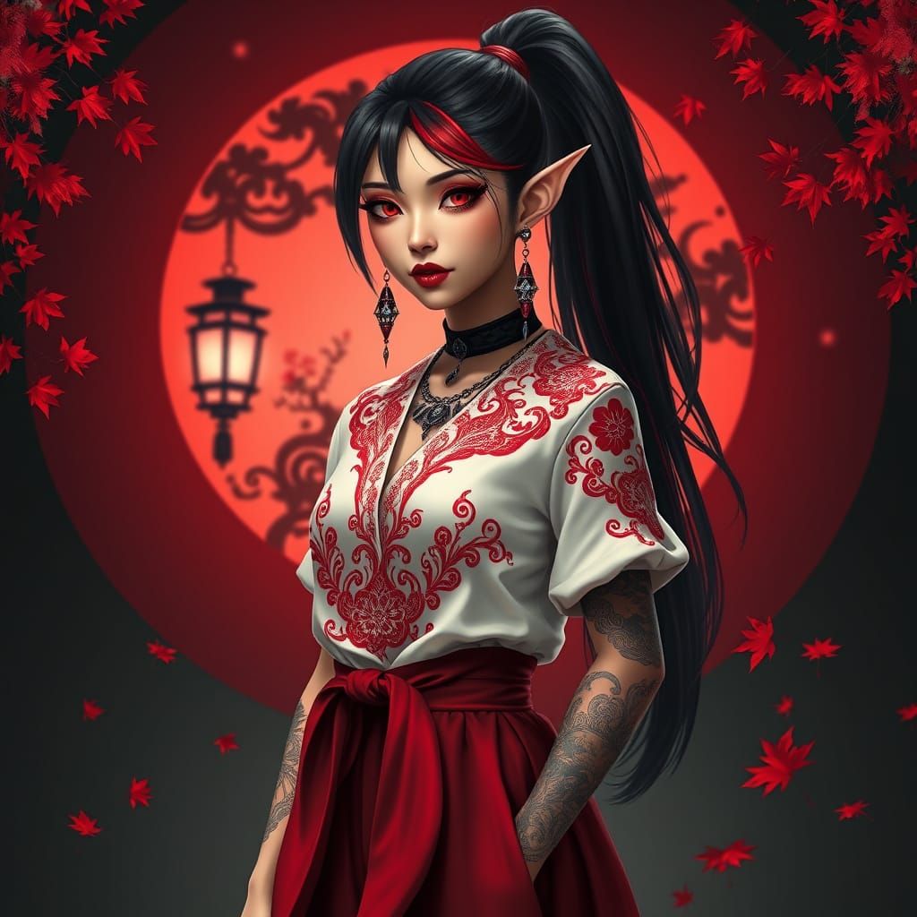 An elf, beneath a red moon