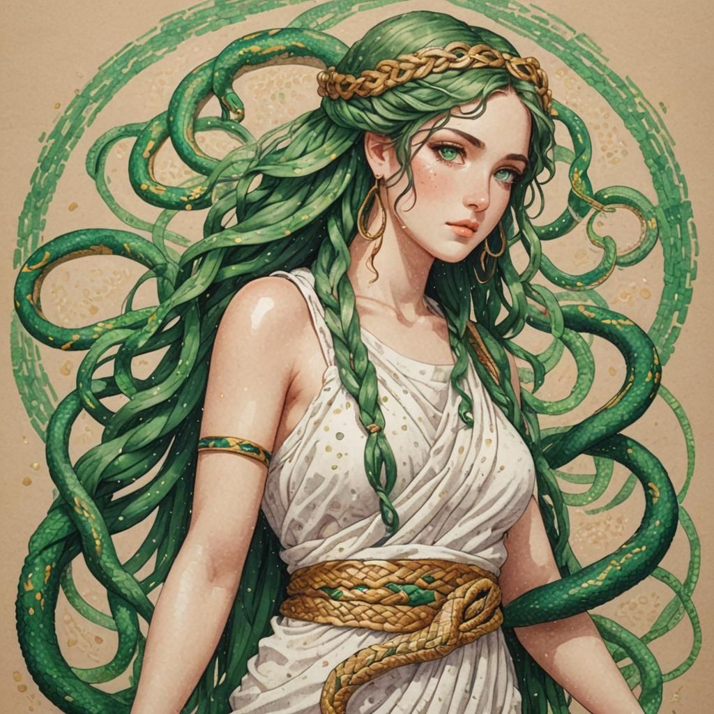 Pointillist Anime Medusa Portrait with Snakes