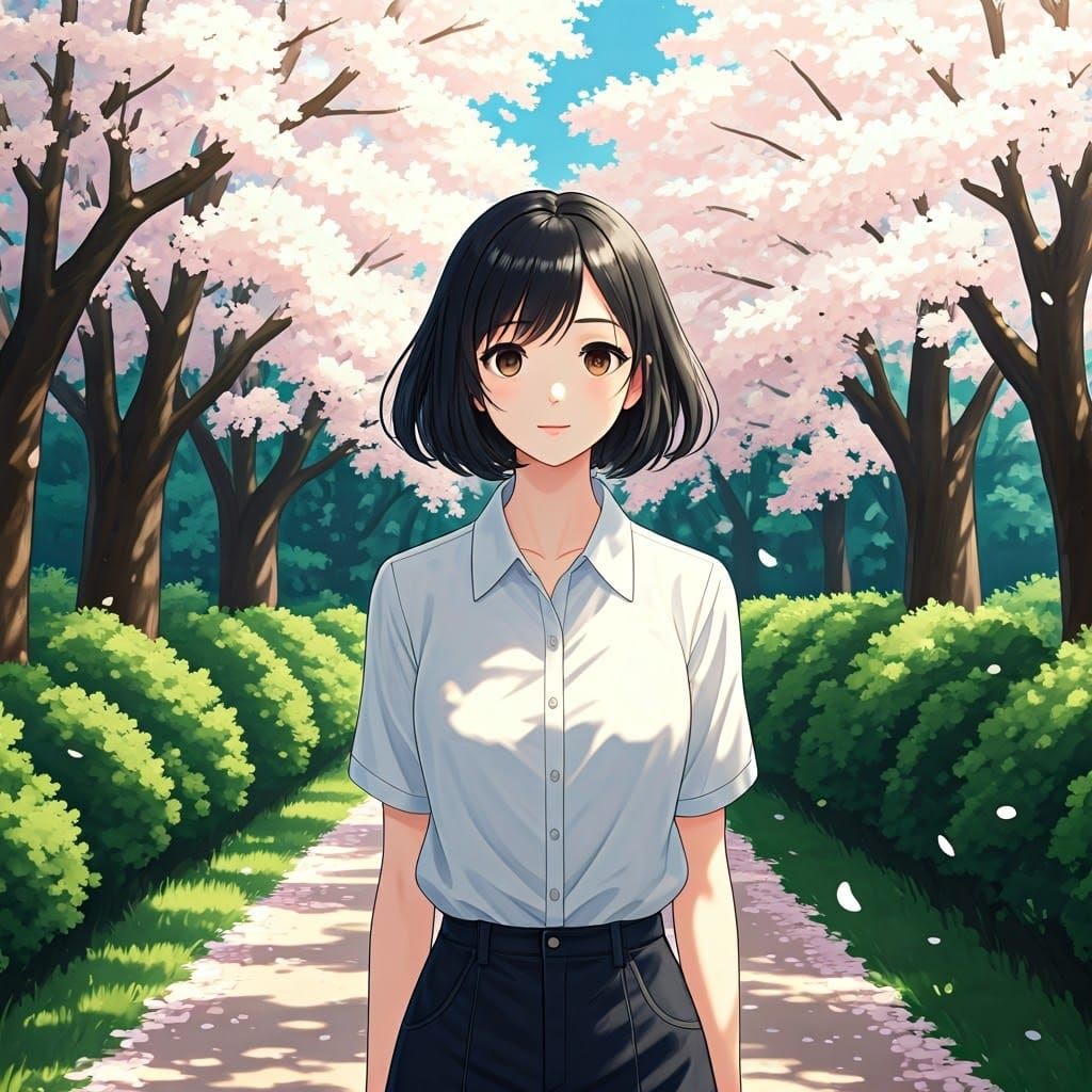 Anime Woman Strolls Through Blooming Park in Spring