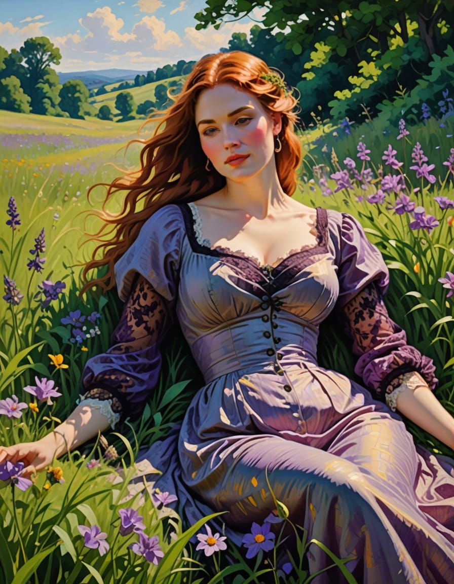 Impressionistic Woman in Meadow Filled with Flowers