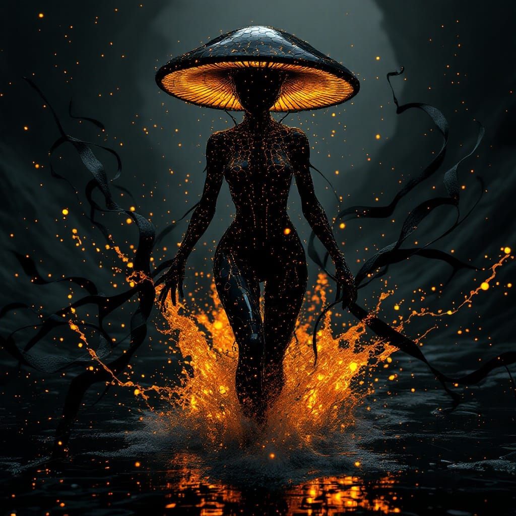 Cyborg Goddess Runs Through Lava in a Dreamlike Realm