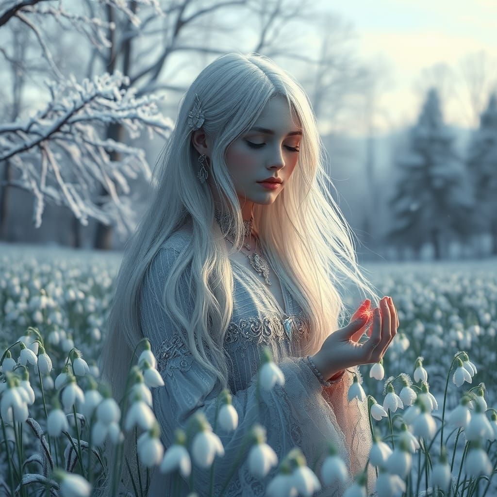 Mavka Creates Snowdrops in Winter Landscape