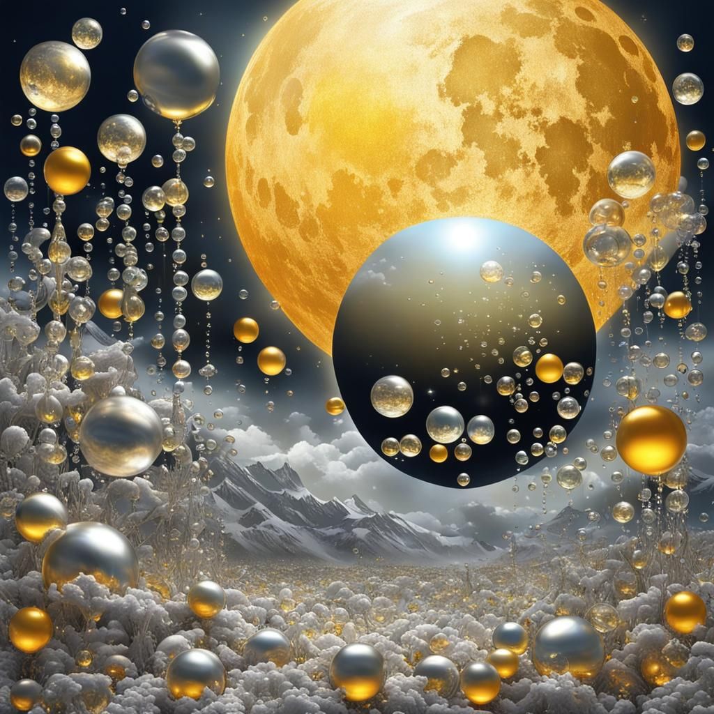 Silver Moon, Golden Sun, and Crystal Bubbles in Surrealism