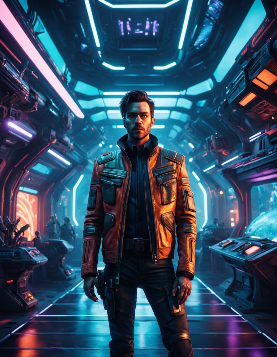 Charismatic Scoundrel Adventurer in a Bustling Spaceport