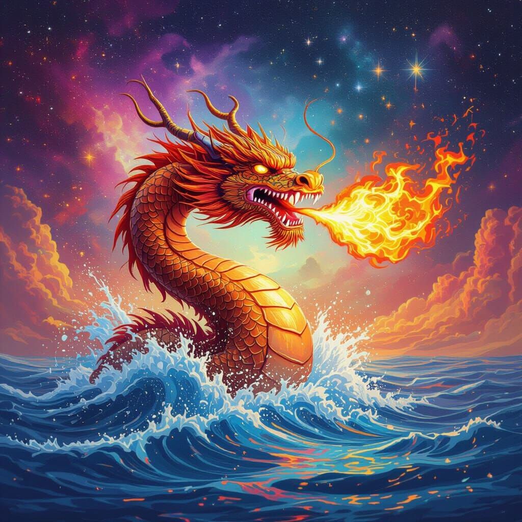 Water Dragon Spitting Fire in Holographic Illustration