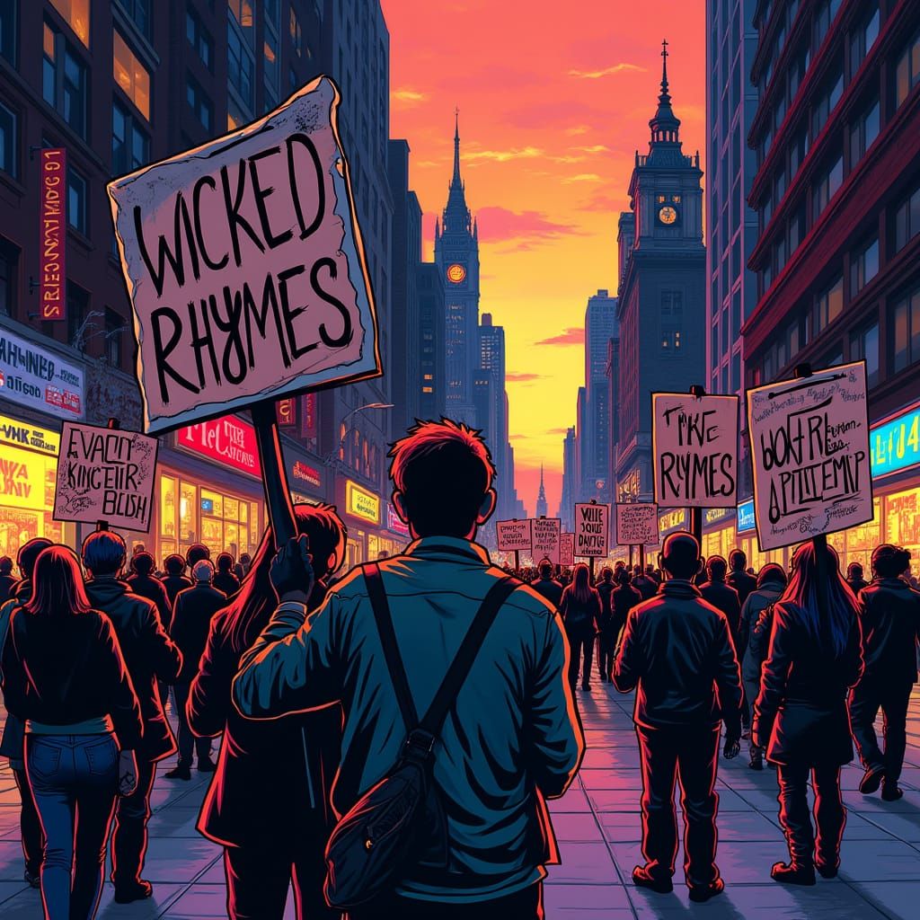 Protestors Hold "Wicked Rhymes" Signs in Psychedelic Citysca...