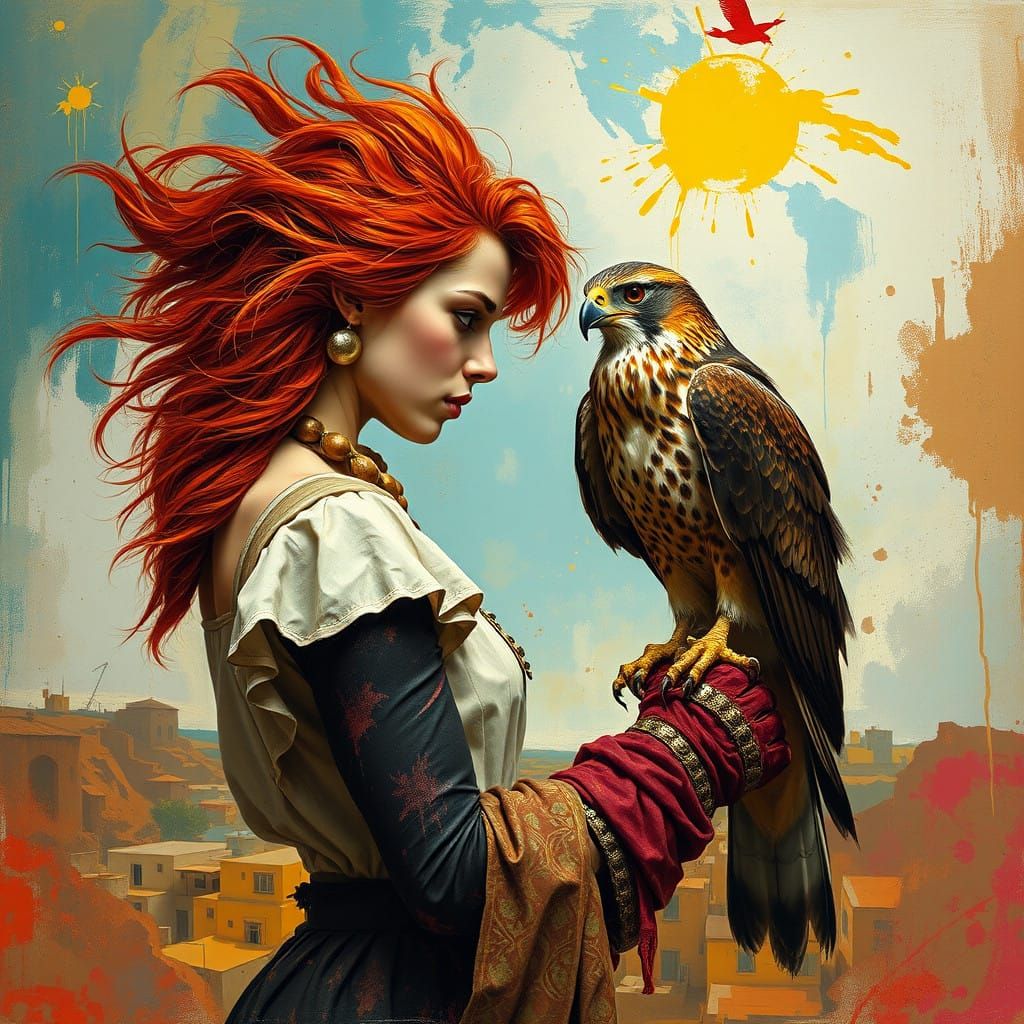 Fierce Woman Masters Majestic Bird in Abstract, Expressive L...