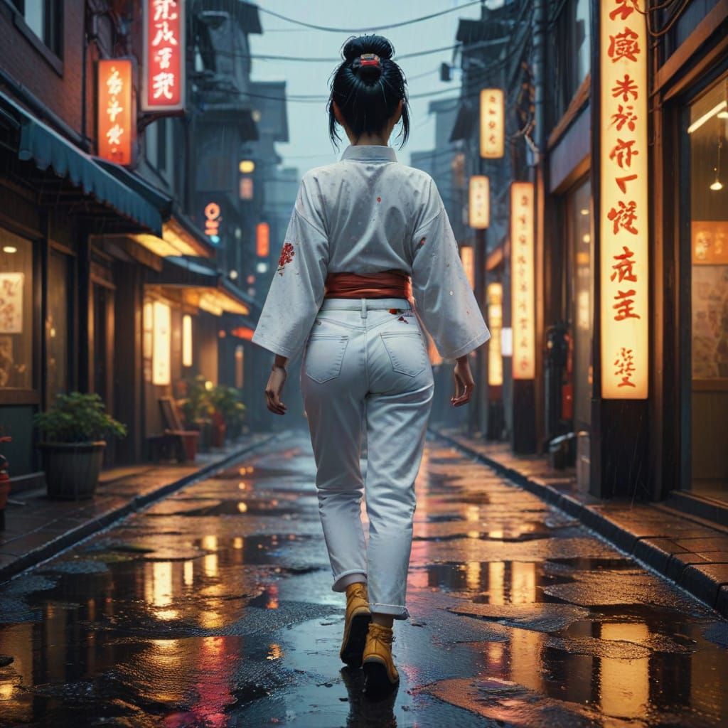 Geisha in Neon Cityscape, Hyperrealistic Digital Art