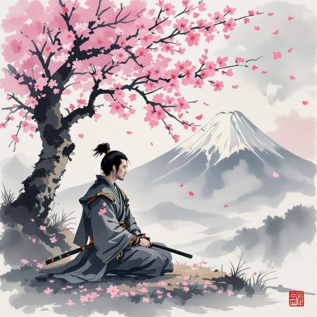 Samurai Meditating Under Cherry Blossoms, Japanese Ink Wash ...