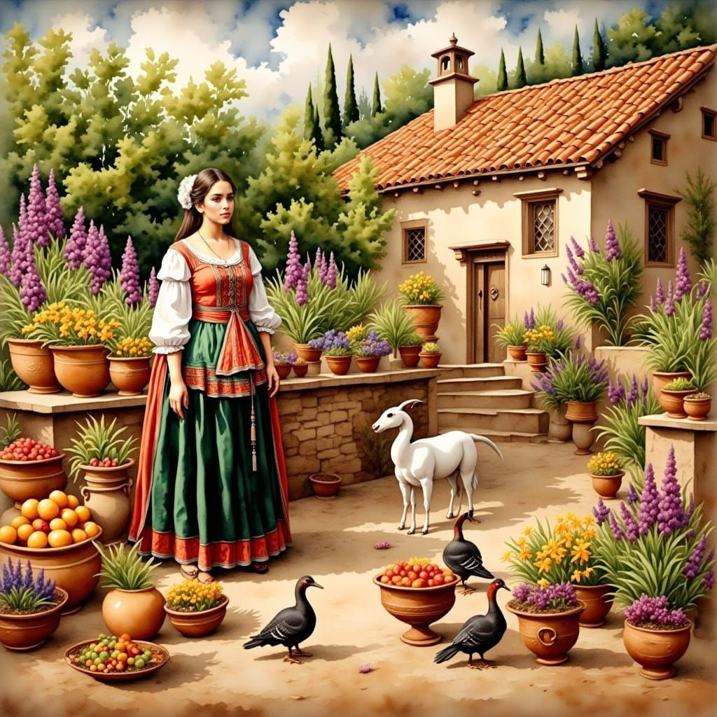 Young Woman in a Vibrant Village Scene, in Watercolour