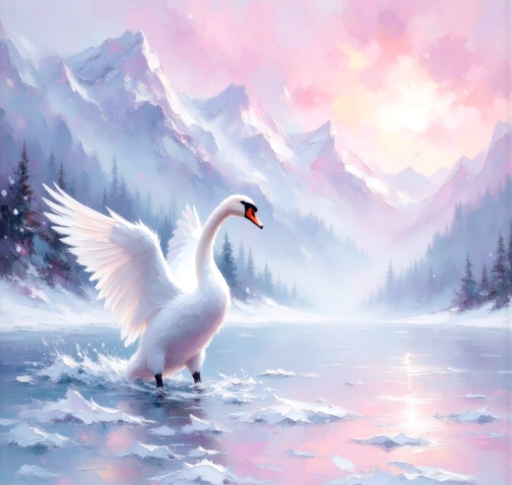 Swans Alighting on Snowy Lake, in Impressionist Watercolour