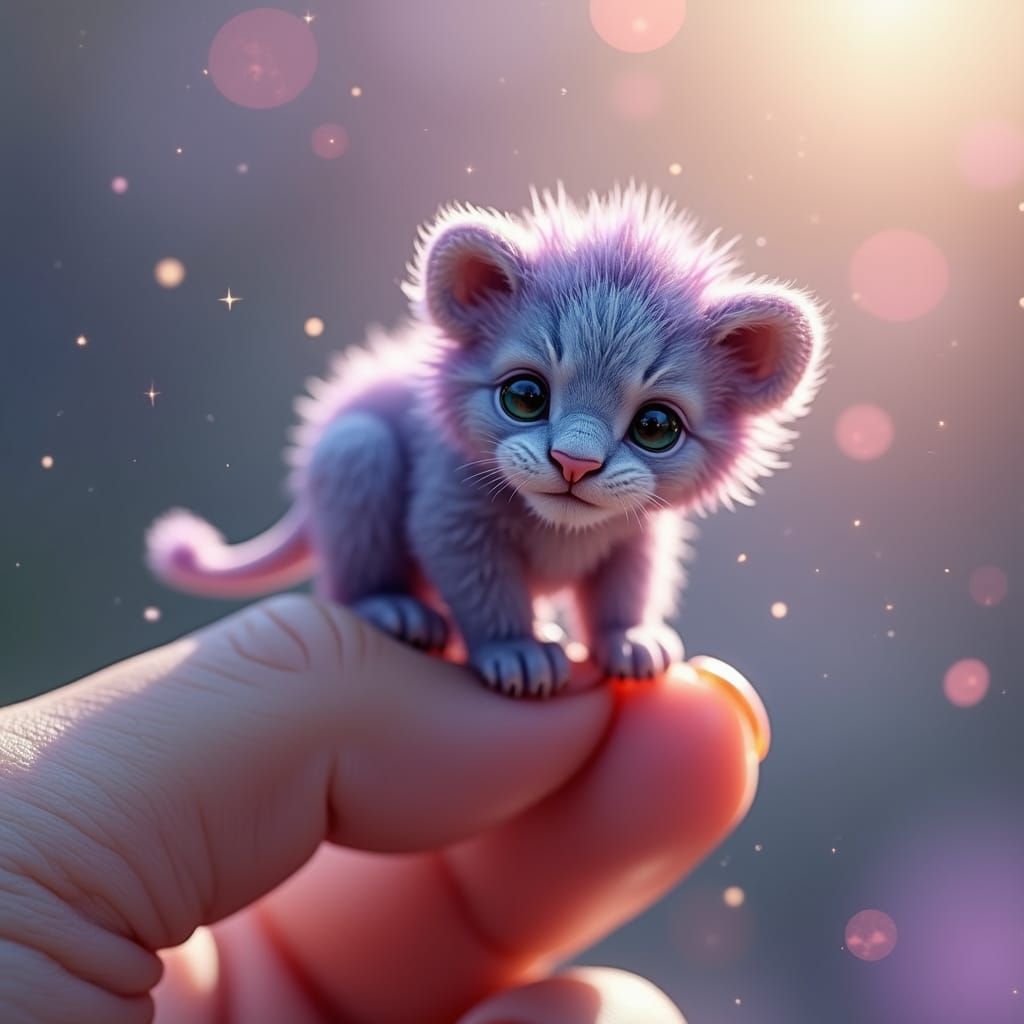 Robotic Lion Cub Perched on Finger in Dreamy Landscape