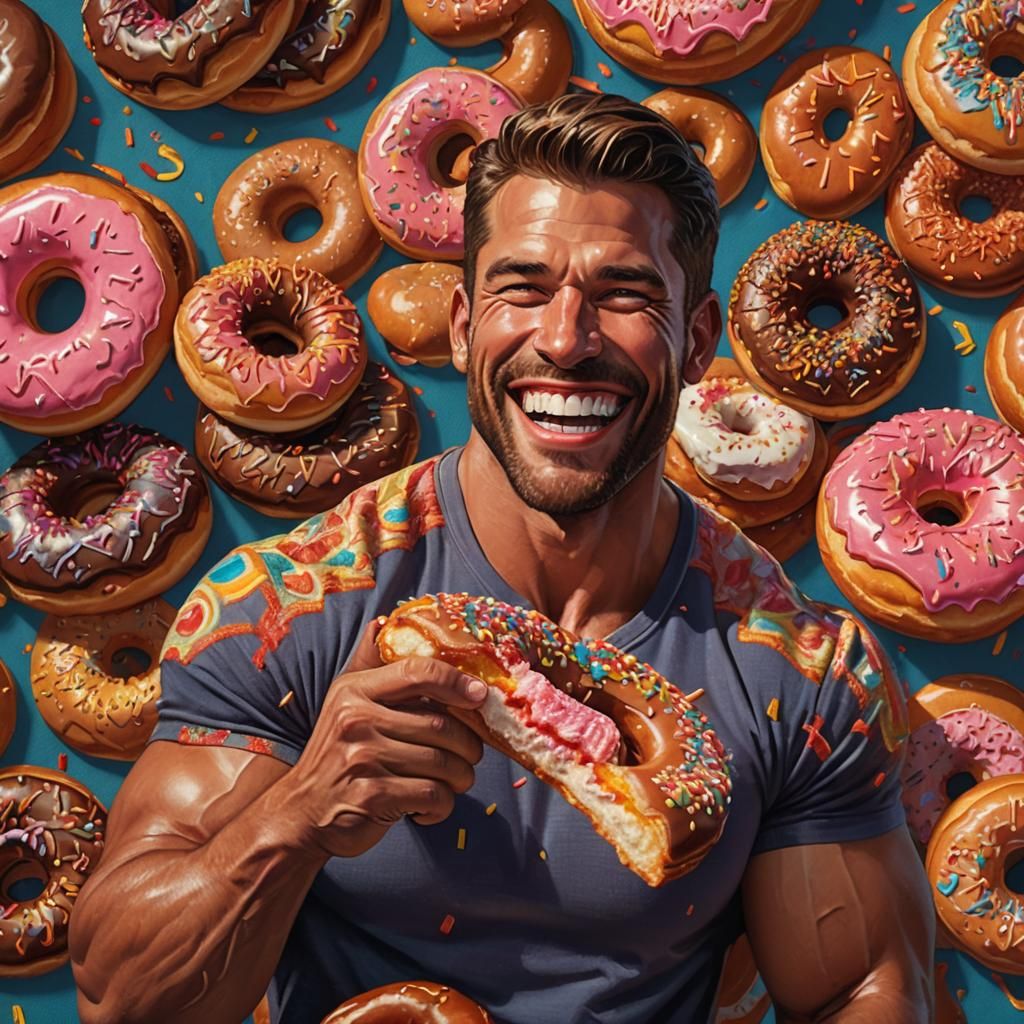 Muscle Man with Donut in Hyperrealistic Style