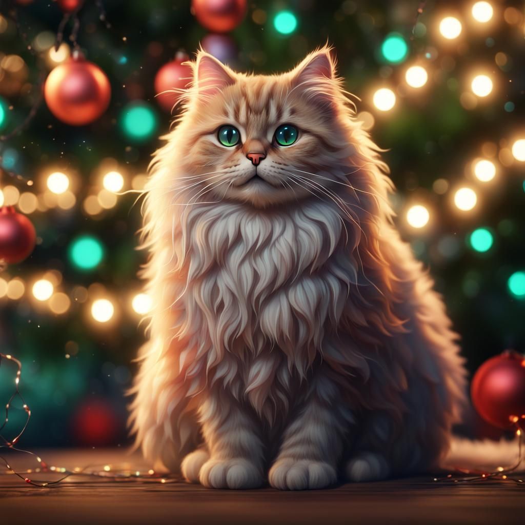 Fluffy Cat Among Christmas Lights: Digital Art