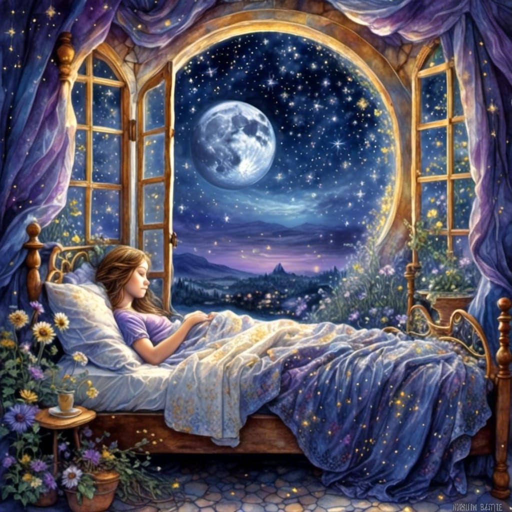 Dreamy Watercolor of Woman Gazing at Moon