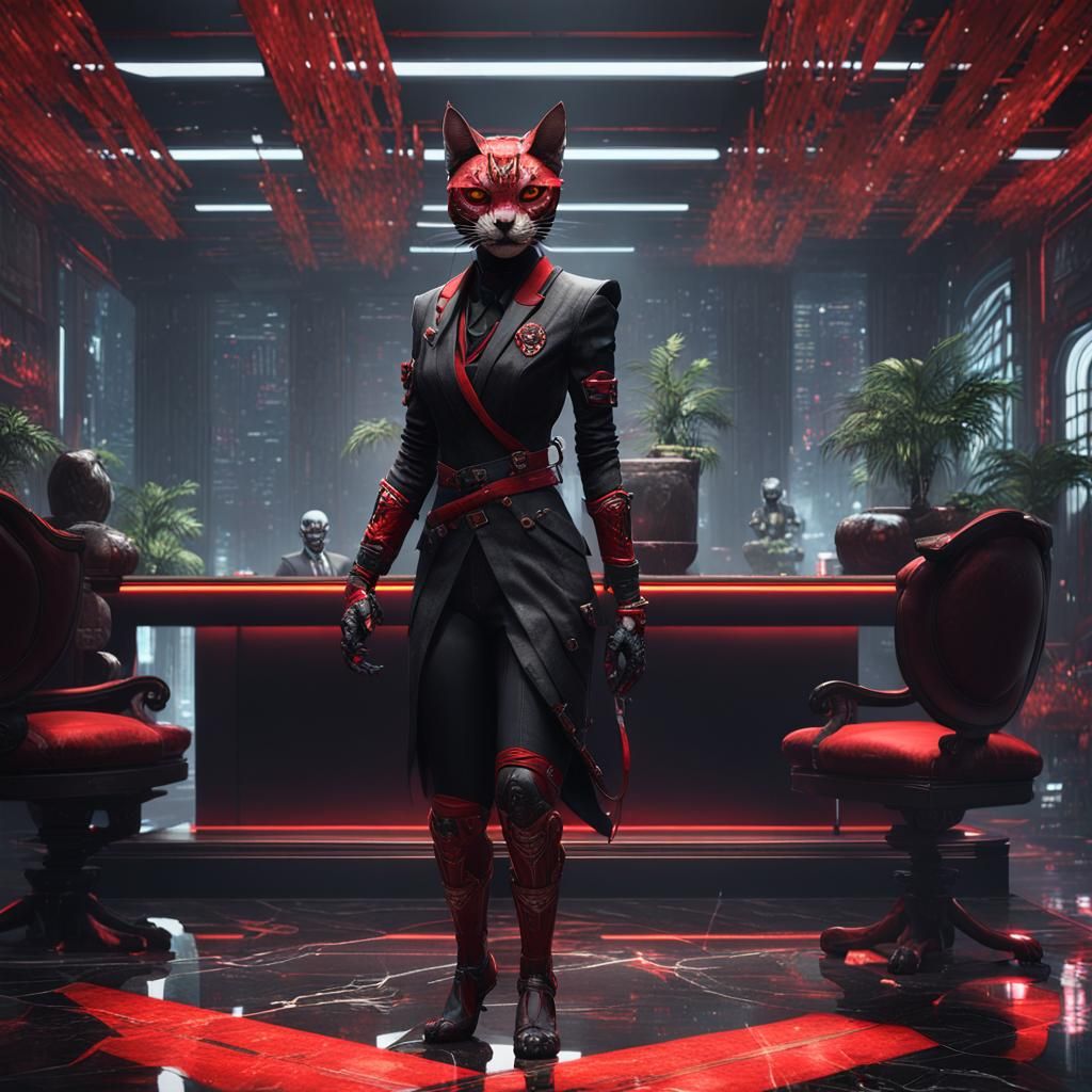 Cyberpunk Tabaxi Receptionist in Black Marble Hall