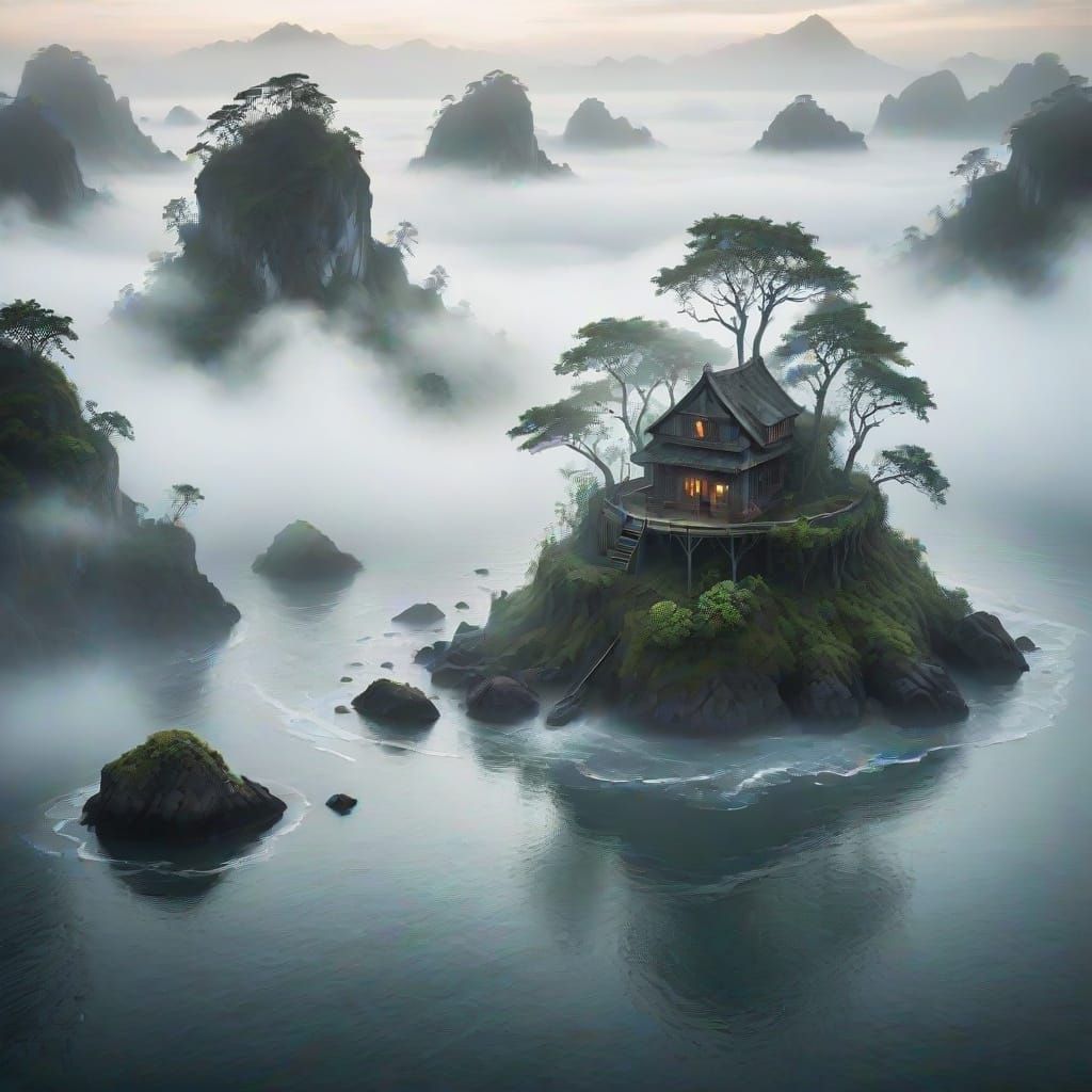 Mystical Island Emerges from Swirling Mist