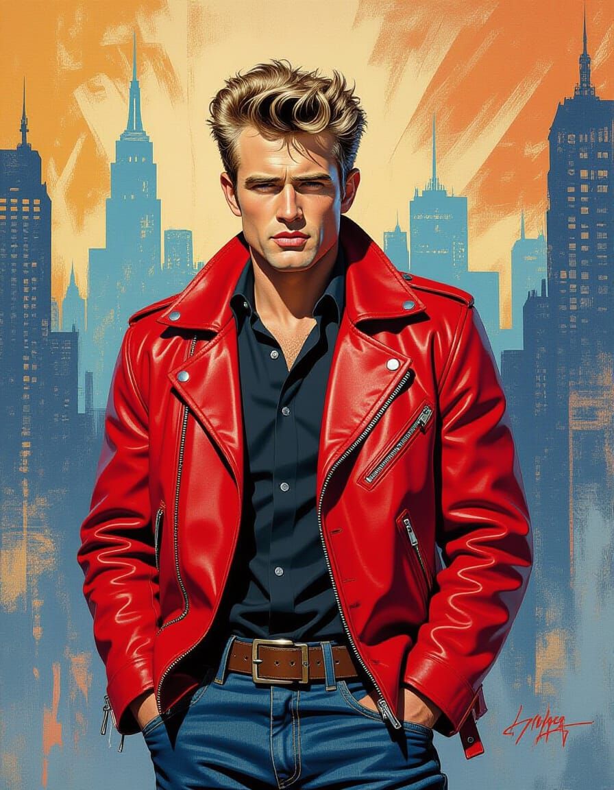 James Dean in Abstract Cityscape, Blending Art Styles