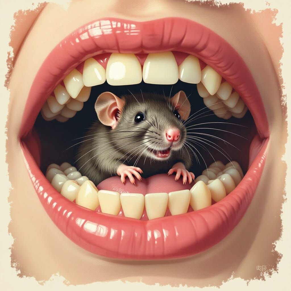 Plump Rat in Open Mouth Surreal Illustration