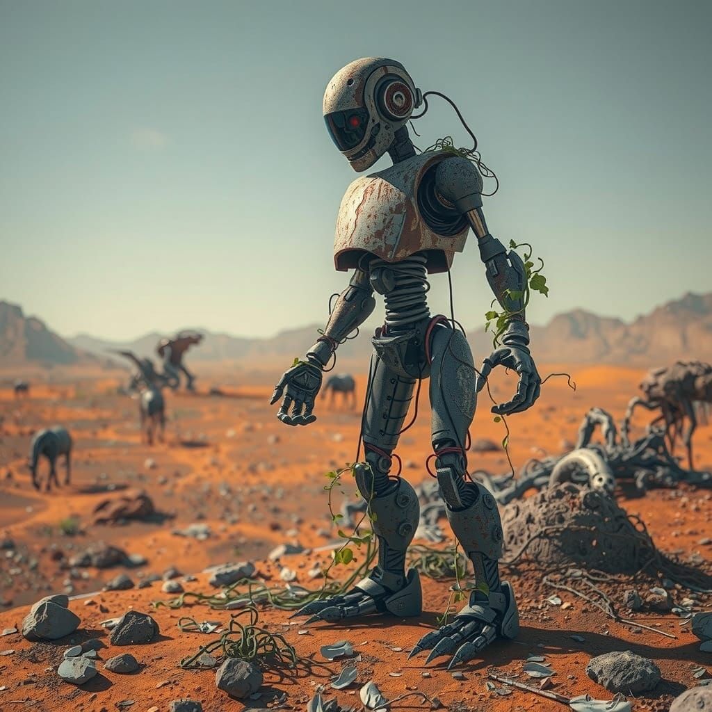 Ravaged Robot Stands Resilient on Desolate Planetary Landsca...