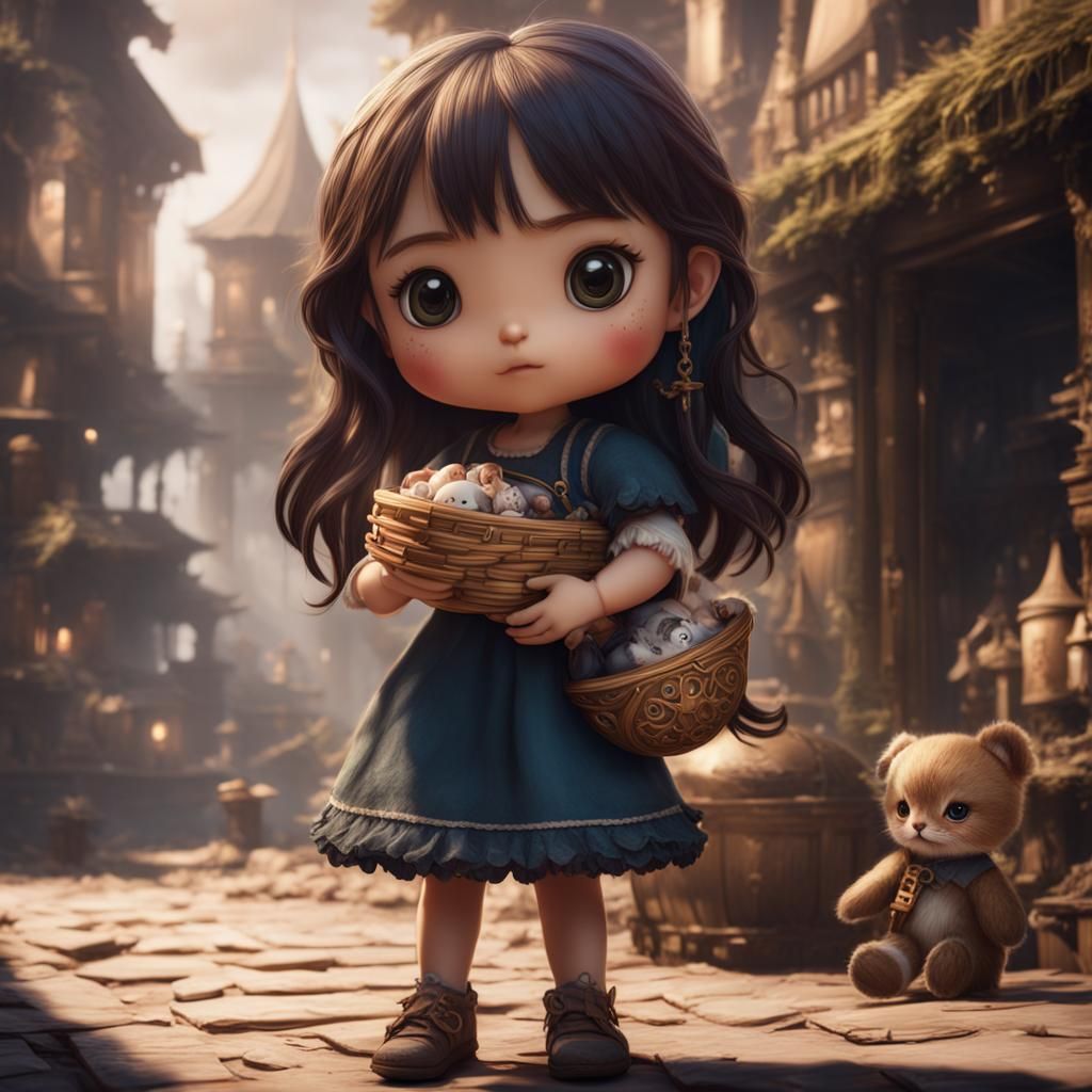 Chibi Girl with Doll: Detailed Fantasy Concept Art