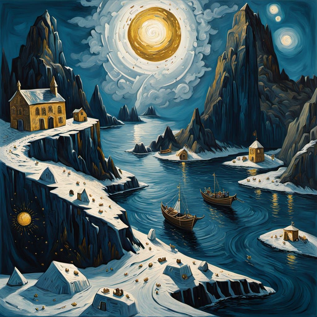 Forgotten City in Arctic Fjord: Impasto Oil Painting