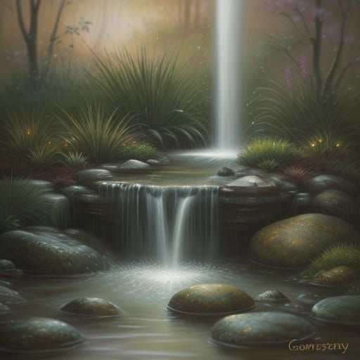 Impressionist Oil Painting of a Small Fountain