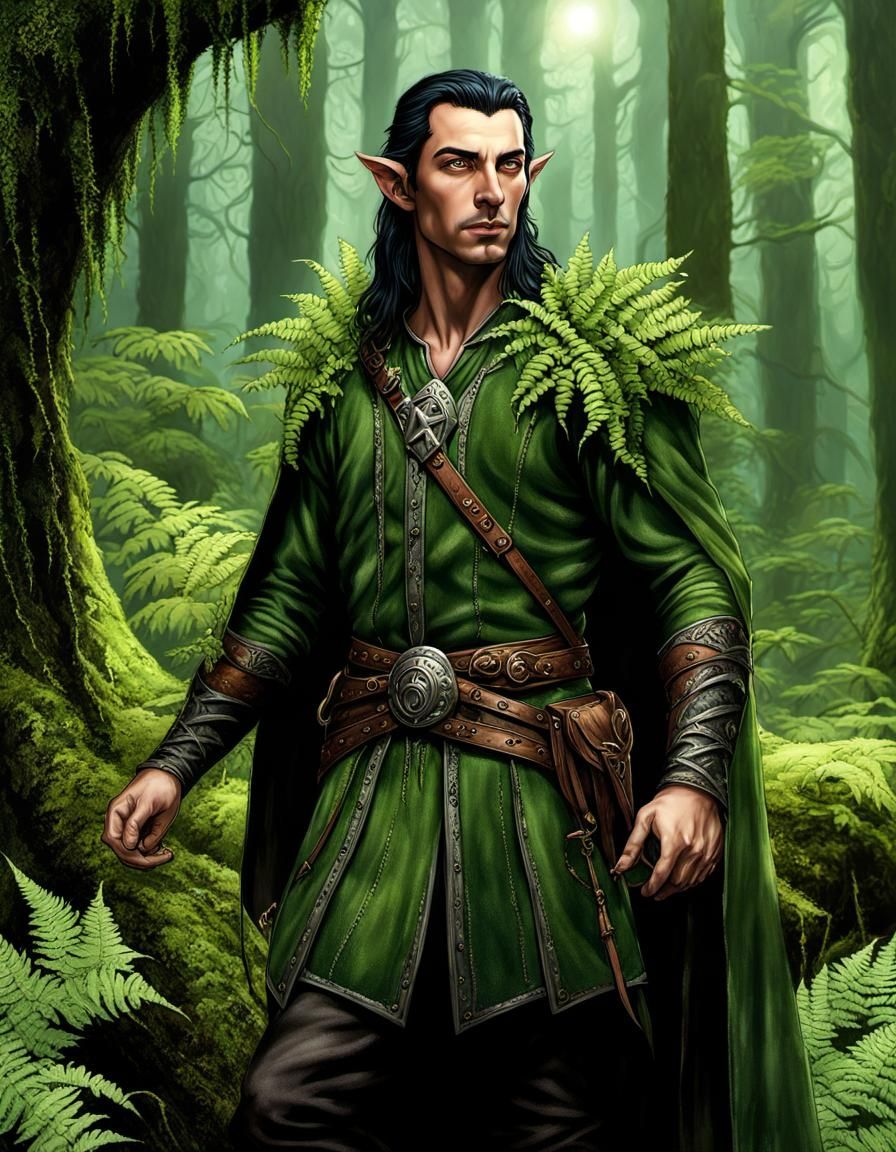 Handsome Elven Druid in Dark Primeval Forest