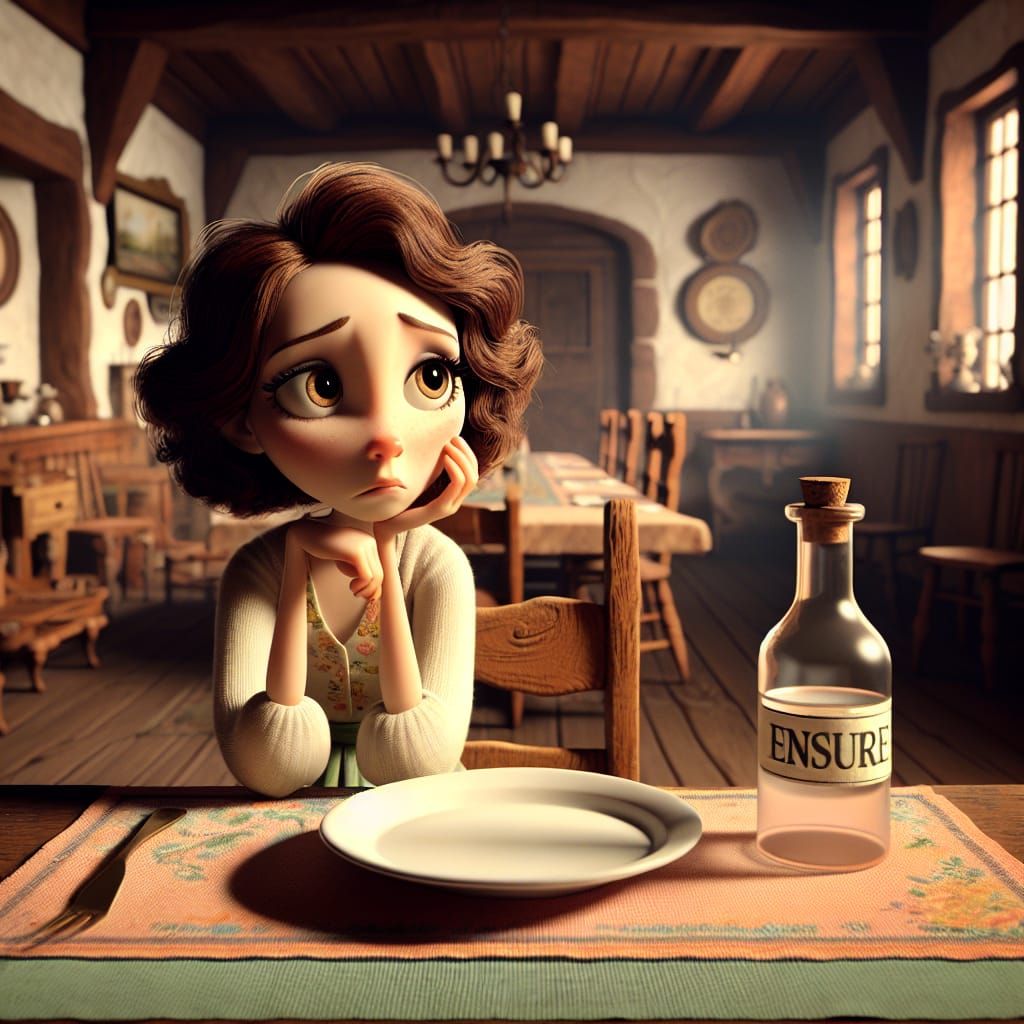 Disney Pixar style 3D woman, sitting at a tab looking sad, e...