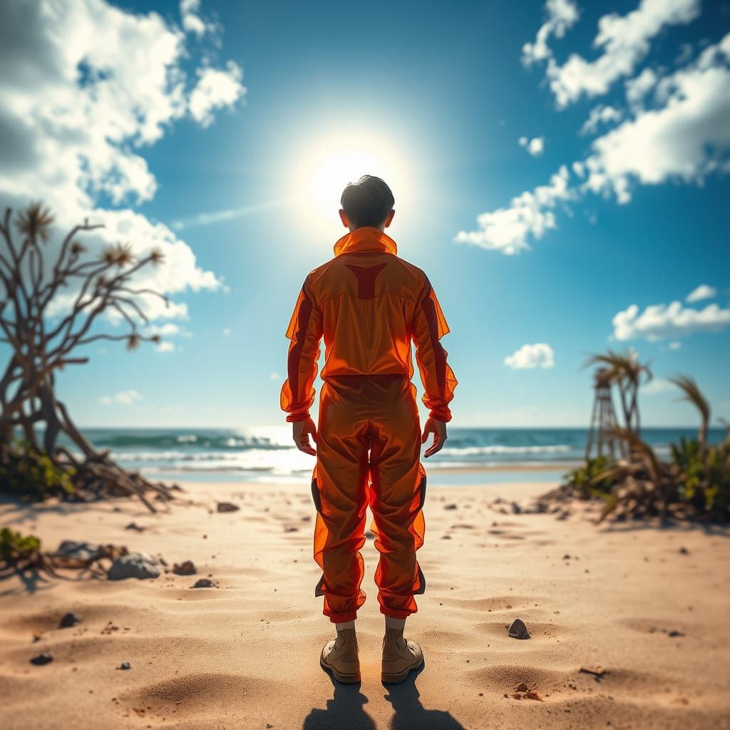 Surreal Figure in Amber Resin Suit Stands on Sandy Beach
