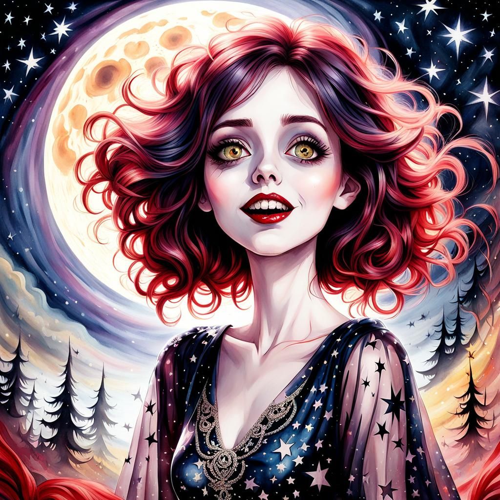 Watercolor Zombie Woman in Tim Burton Style