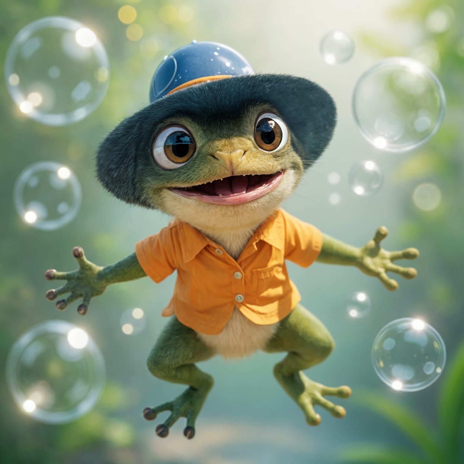 A cute pixar movie style frog looking surprising on bubbles ...